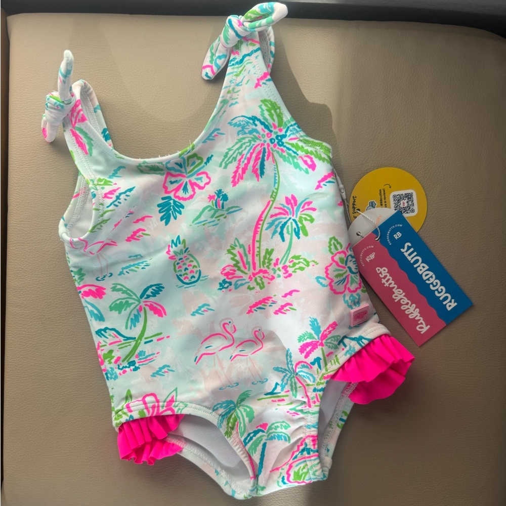 Ruffle Butts Pink and Green Tropical Kids Swimsuit